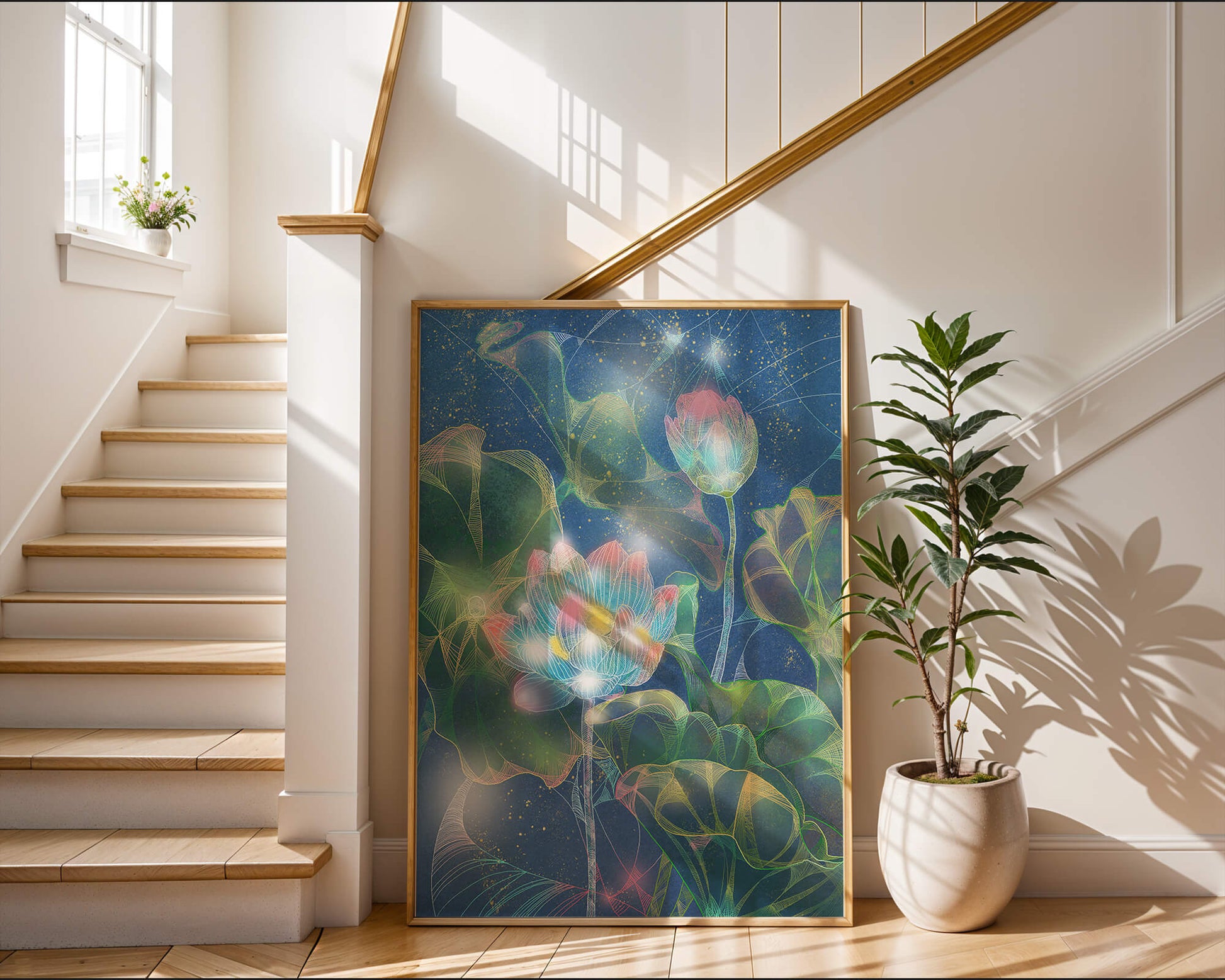 Bunte Lotusblumen mit abstraktem kosmischen Hintergrund