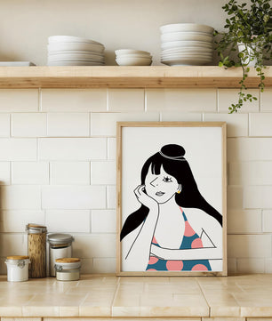 Elegant Minimalist Woman Portrait with Polka Dot Dress and Gold Earring - Mi tienda