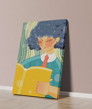 Illustration d'une personne lisant un grand livre jaune dans un style stylisé