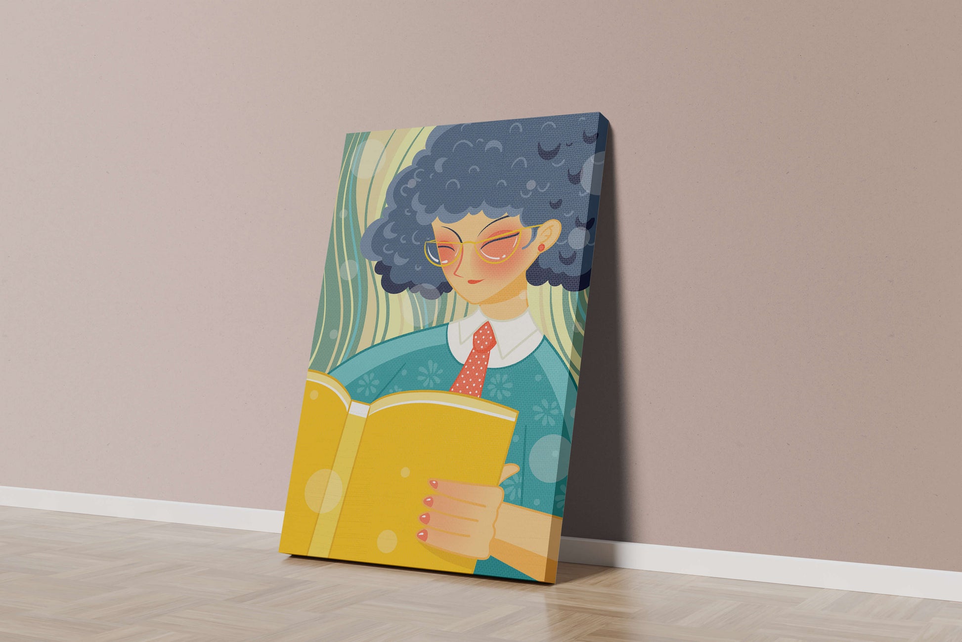 Illustration of a person reading a large yellow book in a stylized design