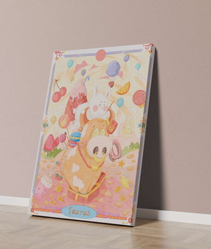 A whimsical Taurus zodiac illustration with playful animals and sweet treats