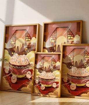 Dumplings de dibujos animados encantadores en un cuenco decorativo en medio de la niebla