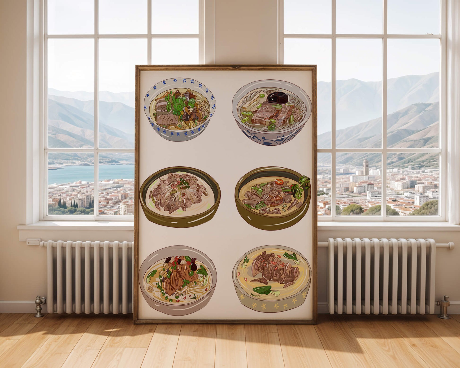 Illustrated bowls of Asian noodle soups with herbs and vegetables