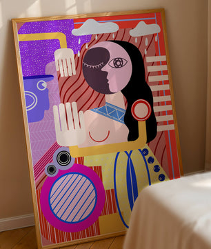 Abstrakte geometrische Kunst mit einer weiblichen Figur in leuchtenden Farben