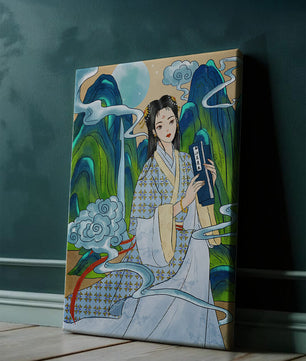 Retrato de una mujer con vestido tradicional, montañas y nubes