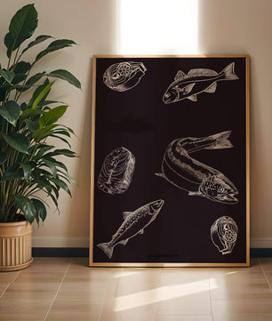 Ilustración detallada de elementos de pescado y mariscos sobre fondo oscuro