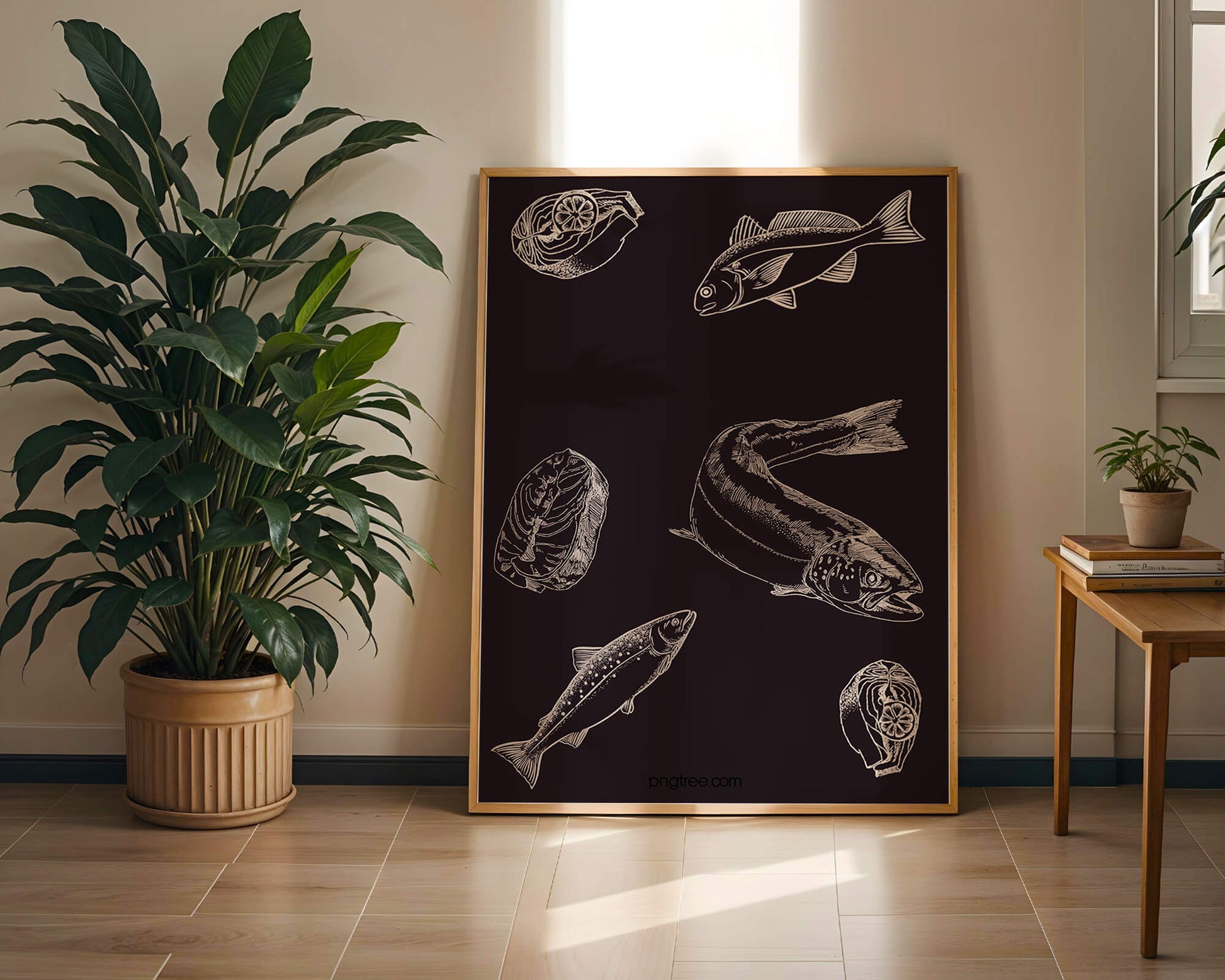 Detailed illustration of fish and seafood elements on dark background