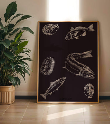 Detailed illustration of fish and seafood elements on dark background