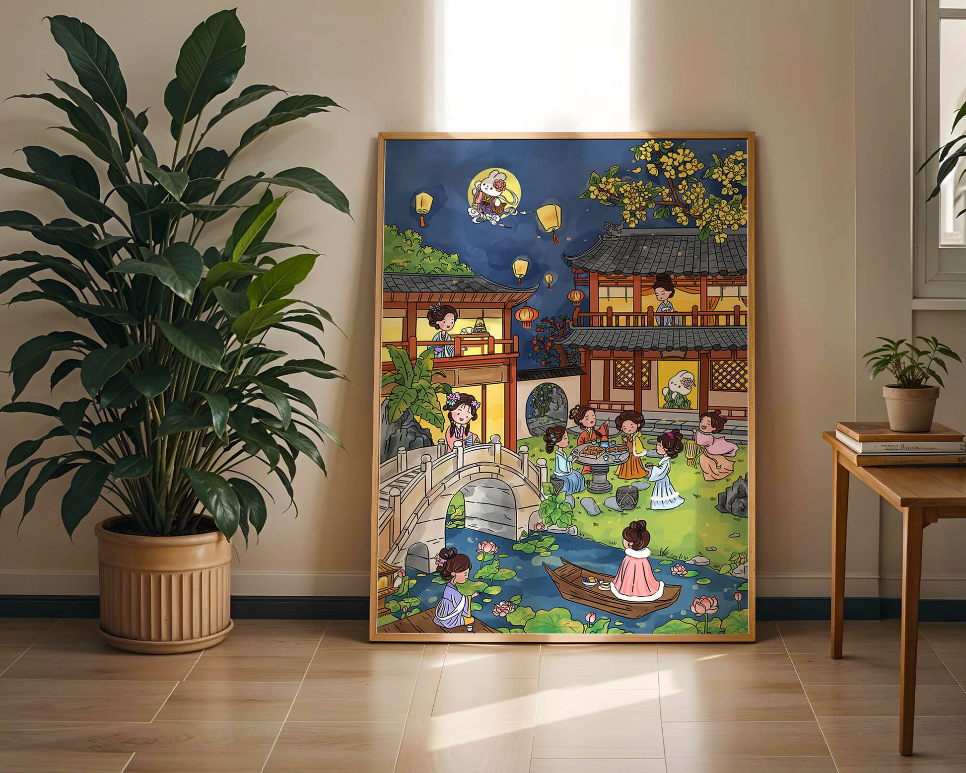 Escena de jardín chino tradicional con linternas y conejo lunar