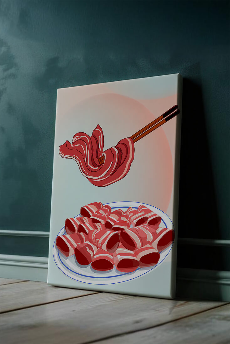 Delicious raw meat slices on plate with chopsticks in background