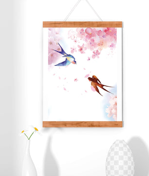 Pájaros coloridos y flores rosadas en una escena primaveral acuarelada
