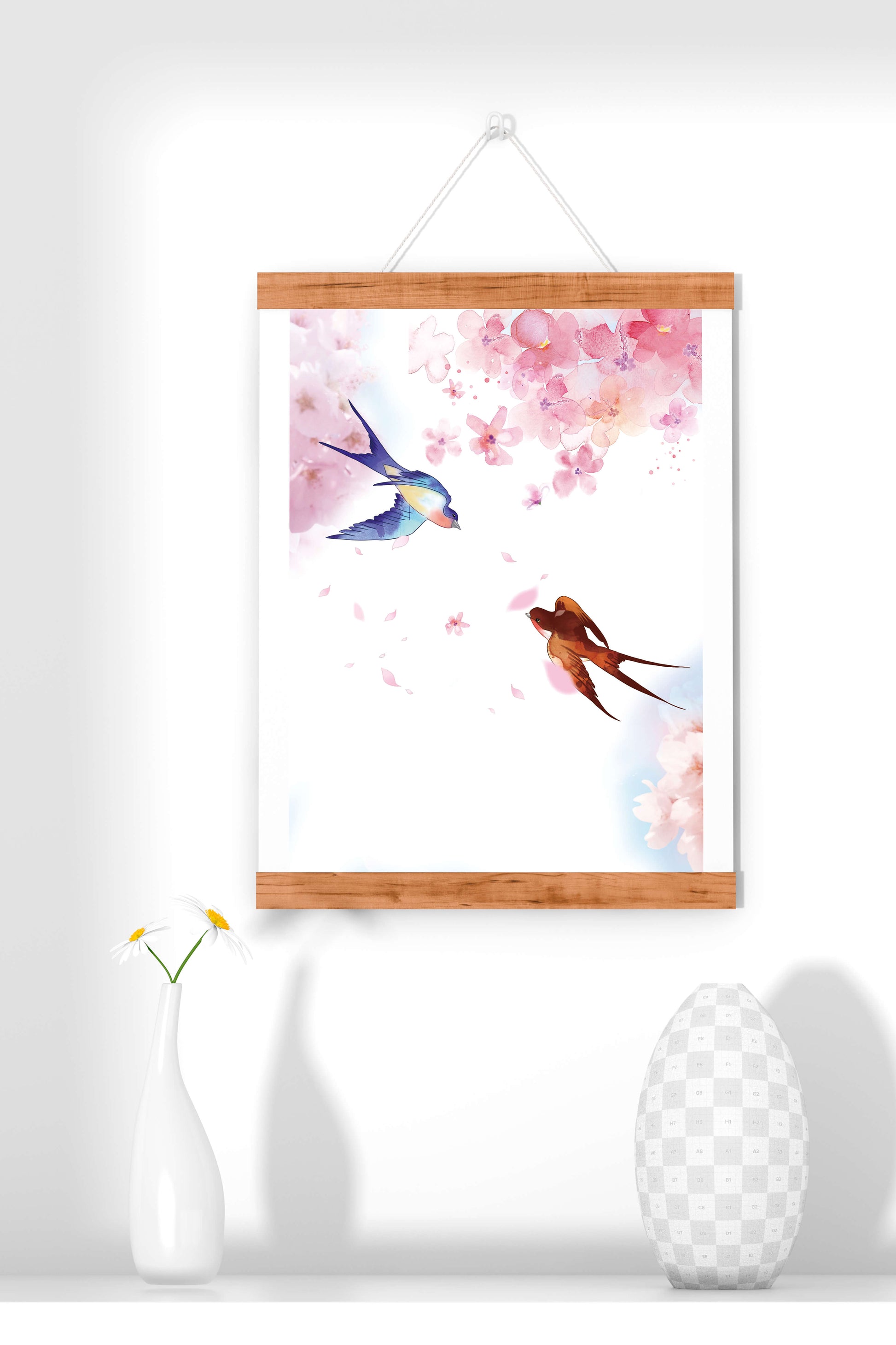 Pájaros coloridos y flores rosas en una escena primaveral de acuarela