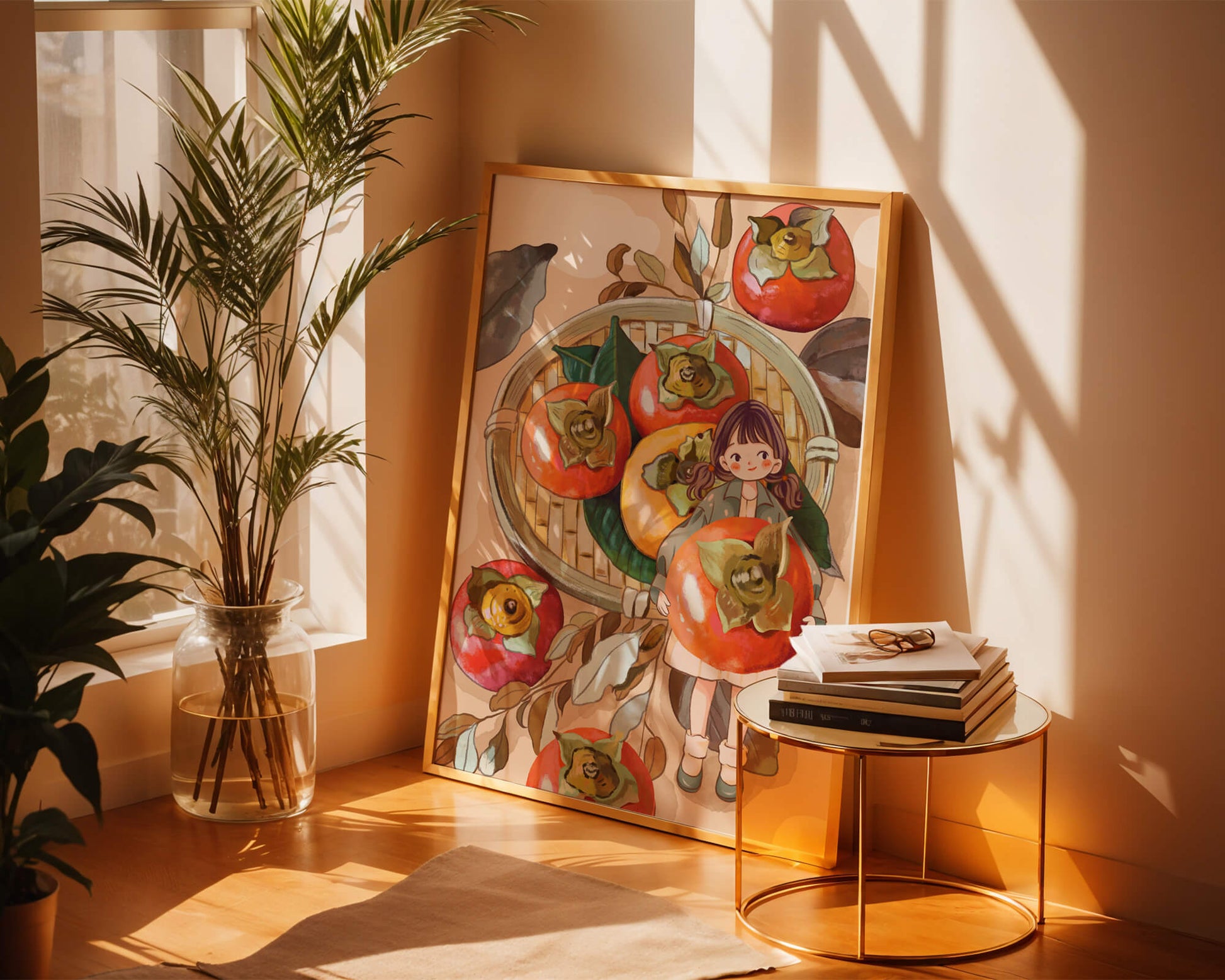 Joven sosteniendo un dátil en una escena de cosecha caprichosa