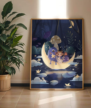Escena nocturna onírica con un niño y monstruos amigables sobre una luna creciente