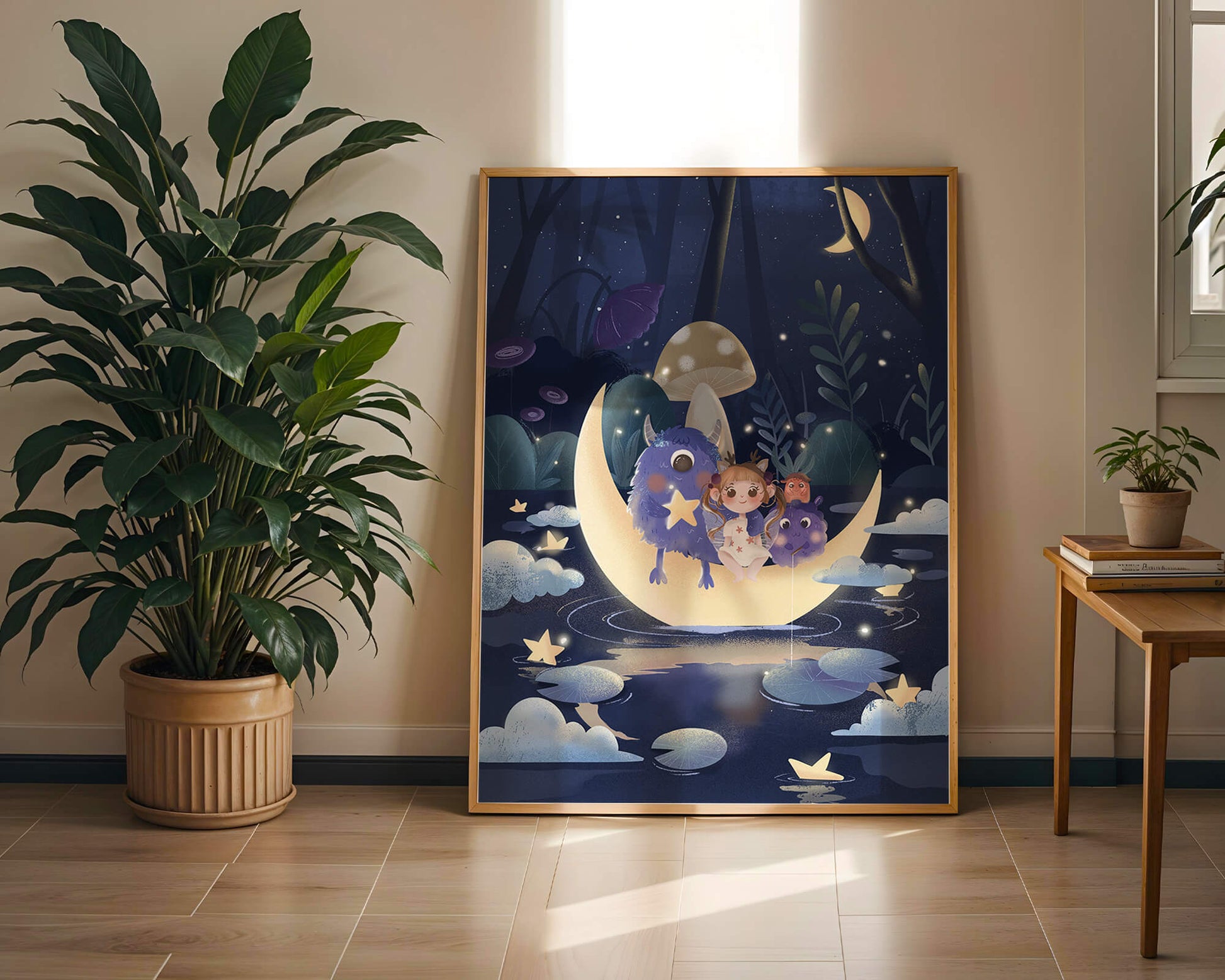 Dreamy night scene with a child and friendly monsters on a crescent moon