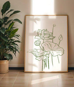 Botanische Illustration einer Lotusblume mit grüner Strichzeichnung auf weißem Hintergrund