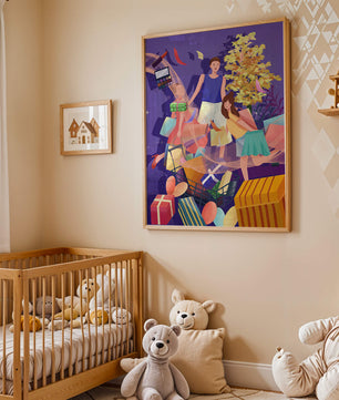 Illustration d'une expérience de shopping joyeuse en famille avec des cadeaux et des couleurs vives