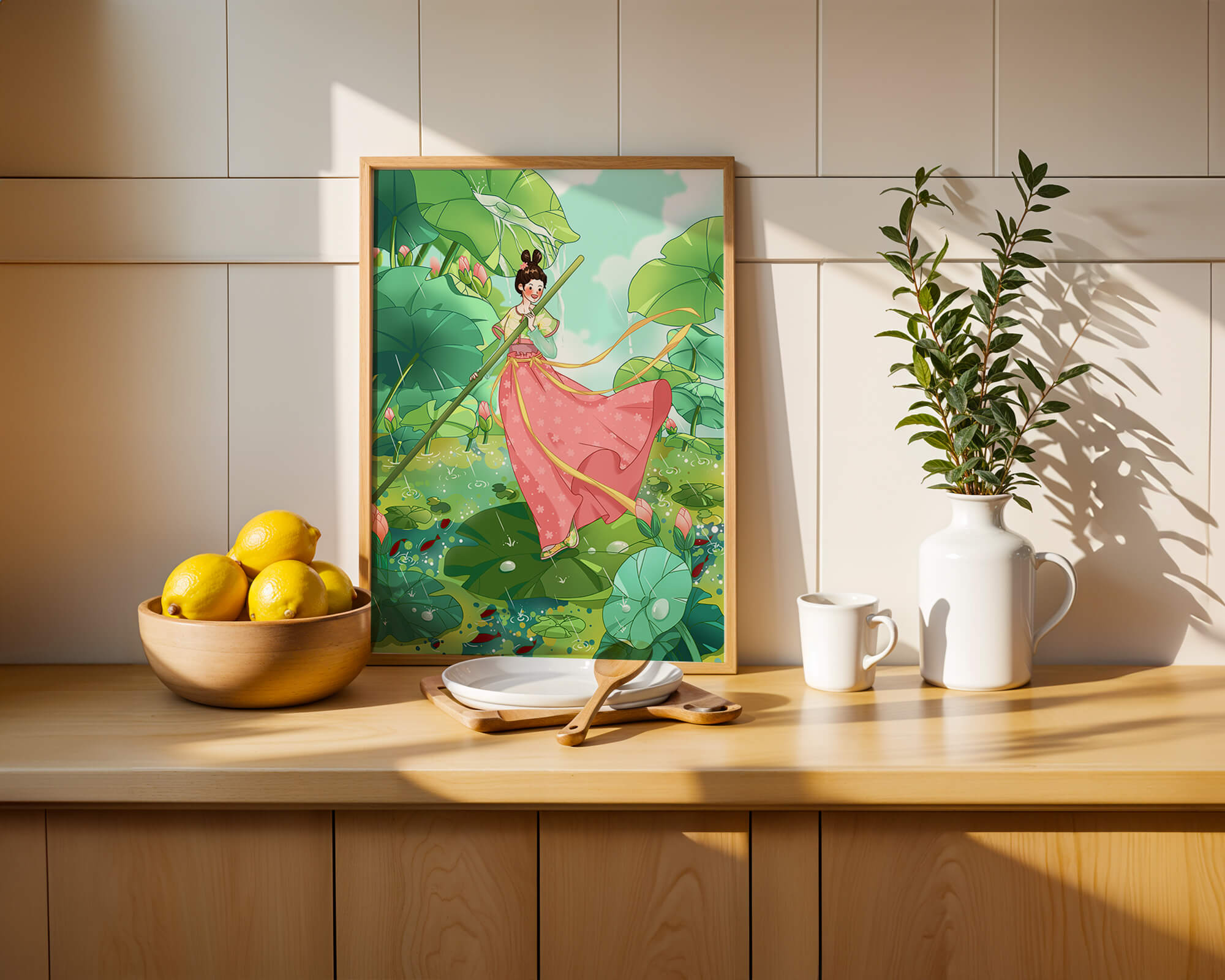 A whimsical scene of a girl in traditional dress among vibrant lotus leaves