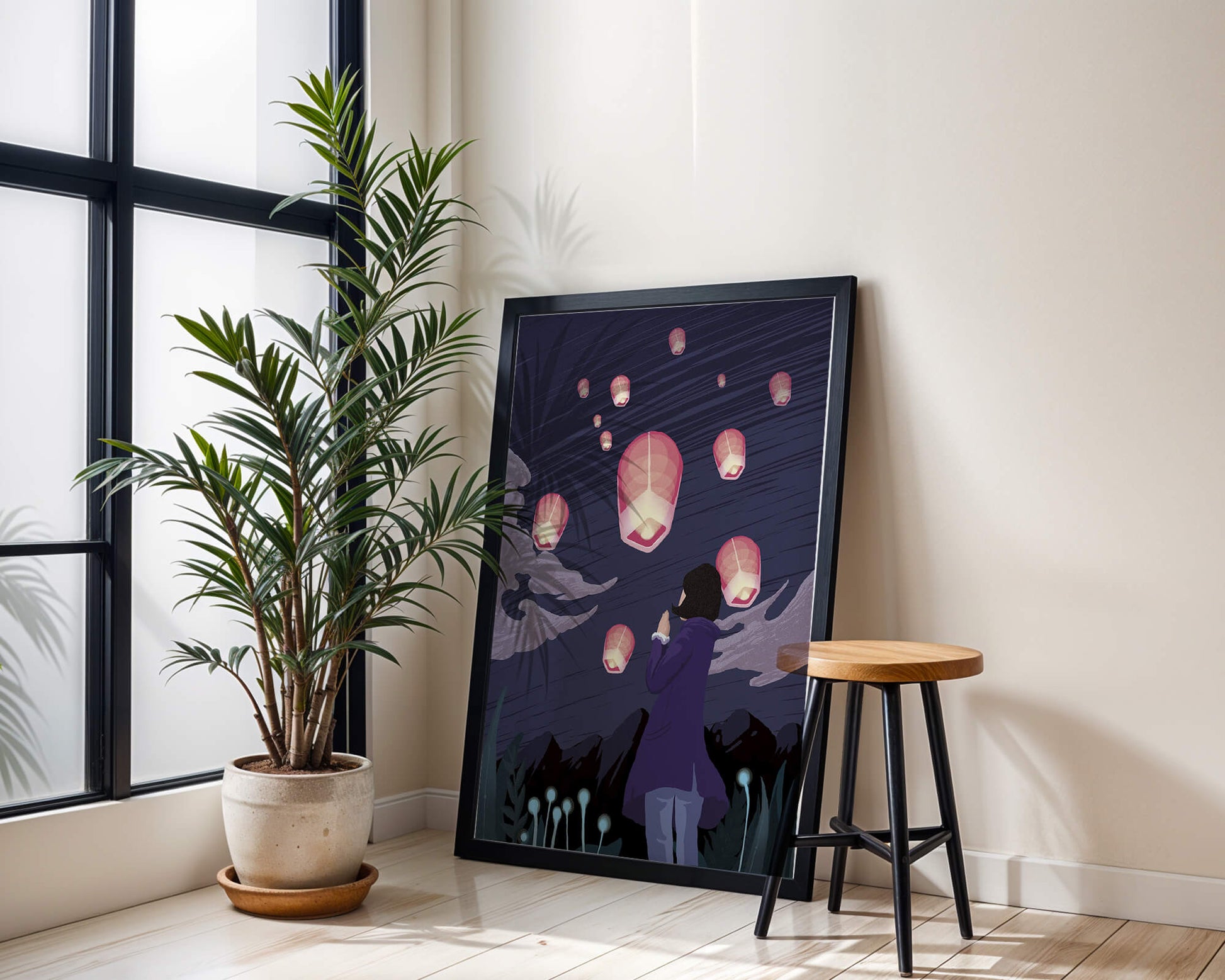 Girl Watching Pink Lanterns Soaring into the Night Sky