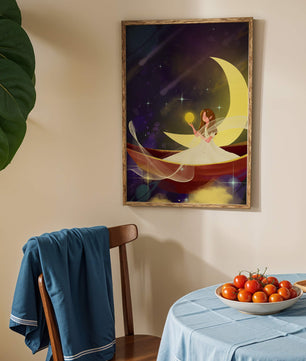 Enchanted night scene with a fairy on a crescent moon