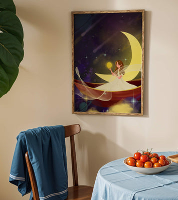 Enchanted night scene with a fairy on a crescent moon