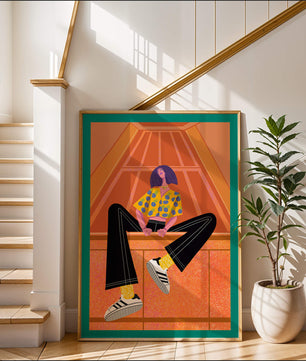 Stylish woman sitting in a vibrant geometric setting