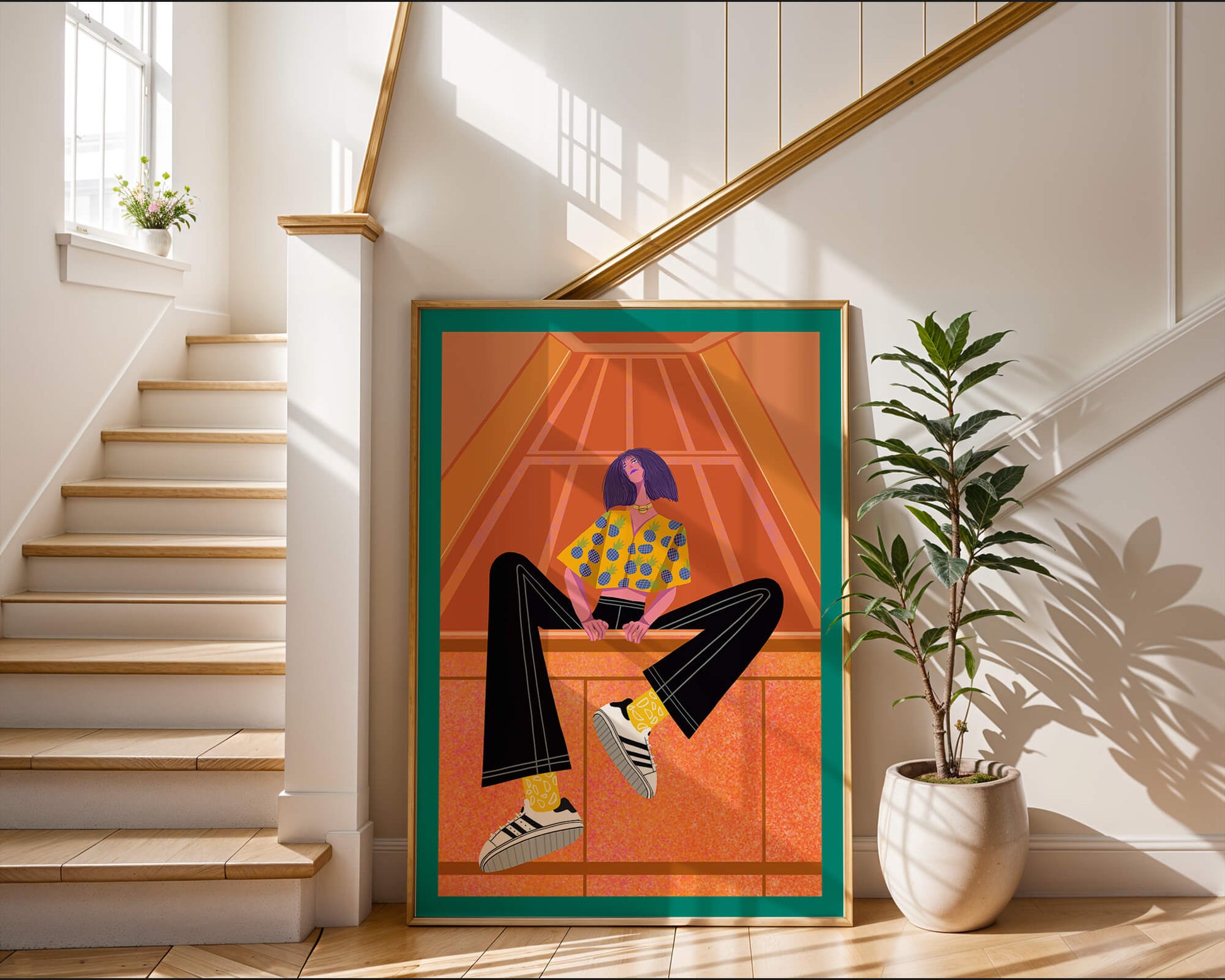 Stylish woman sitting in a vibrant geometric setting