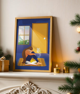 Woman sitting with an open magical book and a fairy in a room