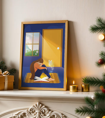 Woman sitting with an open magical book and a fairy in a room