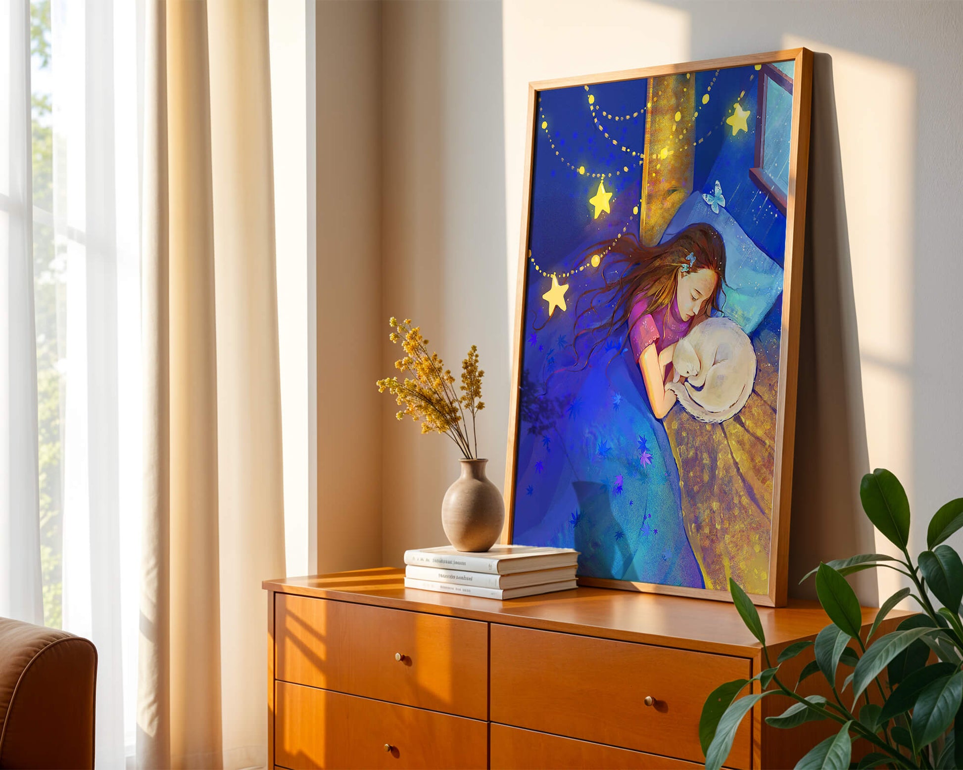 Girl sleeping with cat under starry night sky