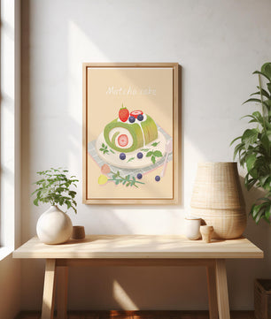 Illustration of a Matcha Roll Cake with Fresh Berries on Pastel Background - Mi tienda