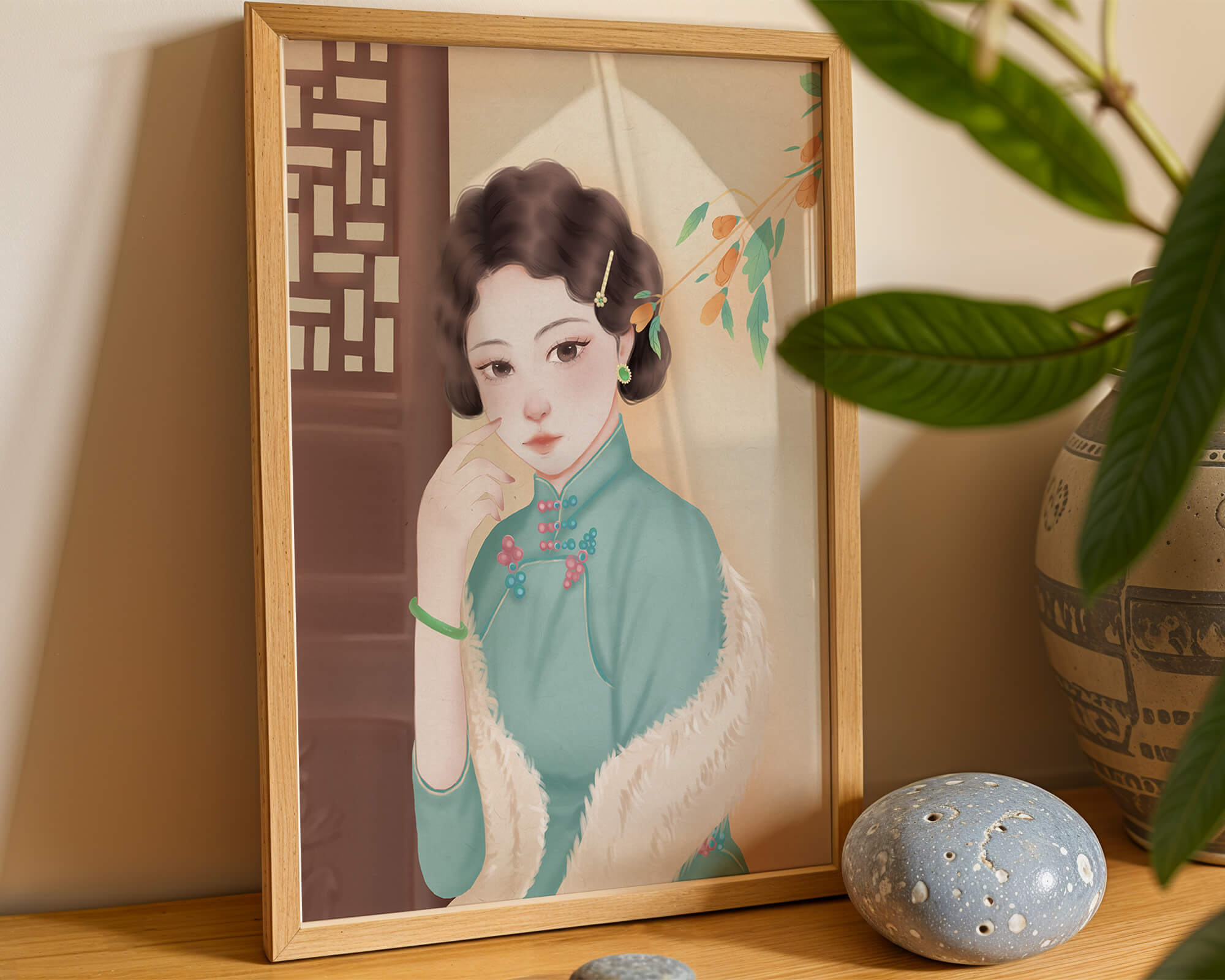 Elegant portrait of a woman in traditional attire with jade accessories