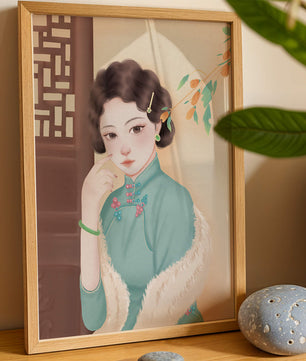 Elegante retrato de una mujer con atuendo tradicional y accesorios de jade