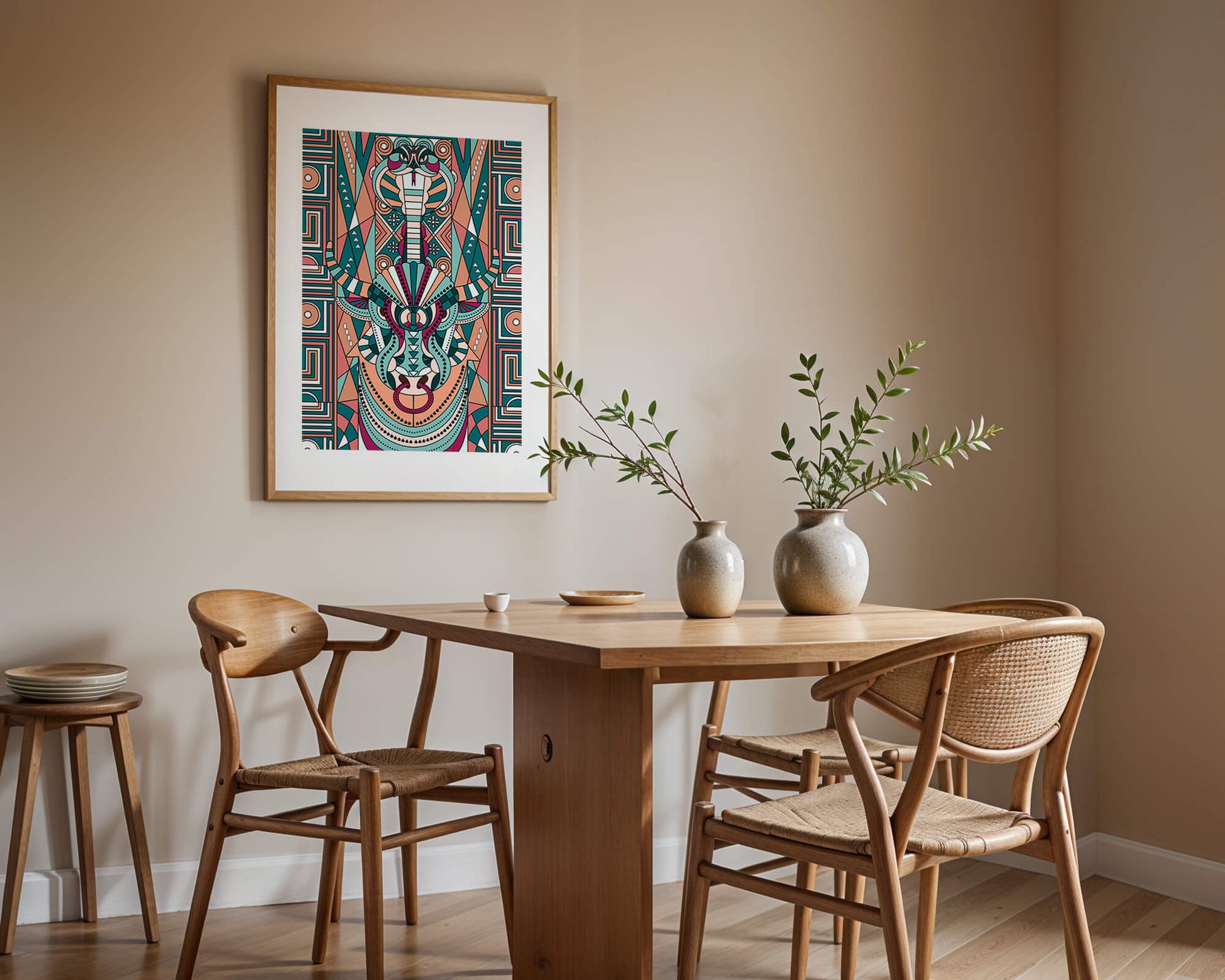 Patrón geométrico de animales con toro y cobra en colores vibrantes