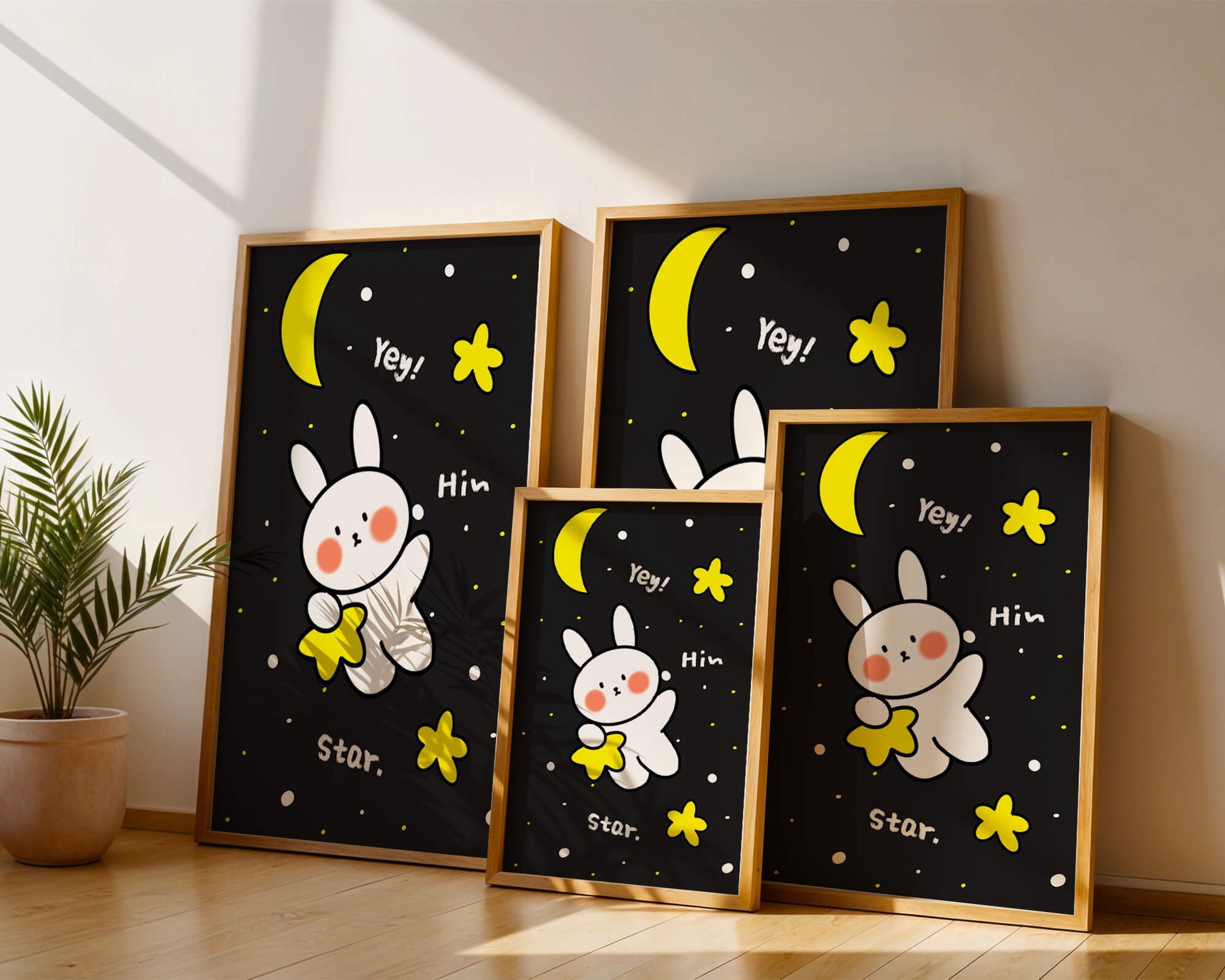 Adorable bunny with stars and moon on a night sky background