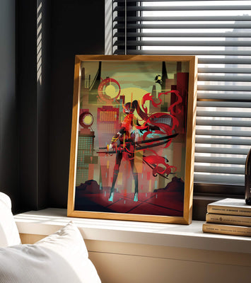 Futuristic warrior in a cyberpunk cityscape with swords and red accents
