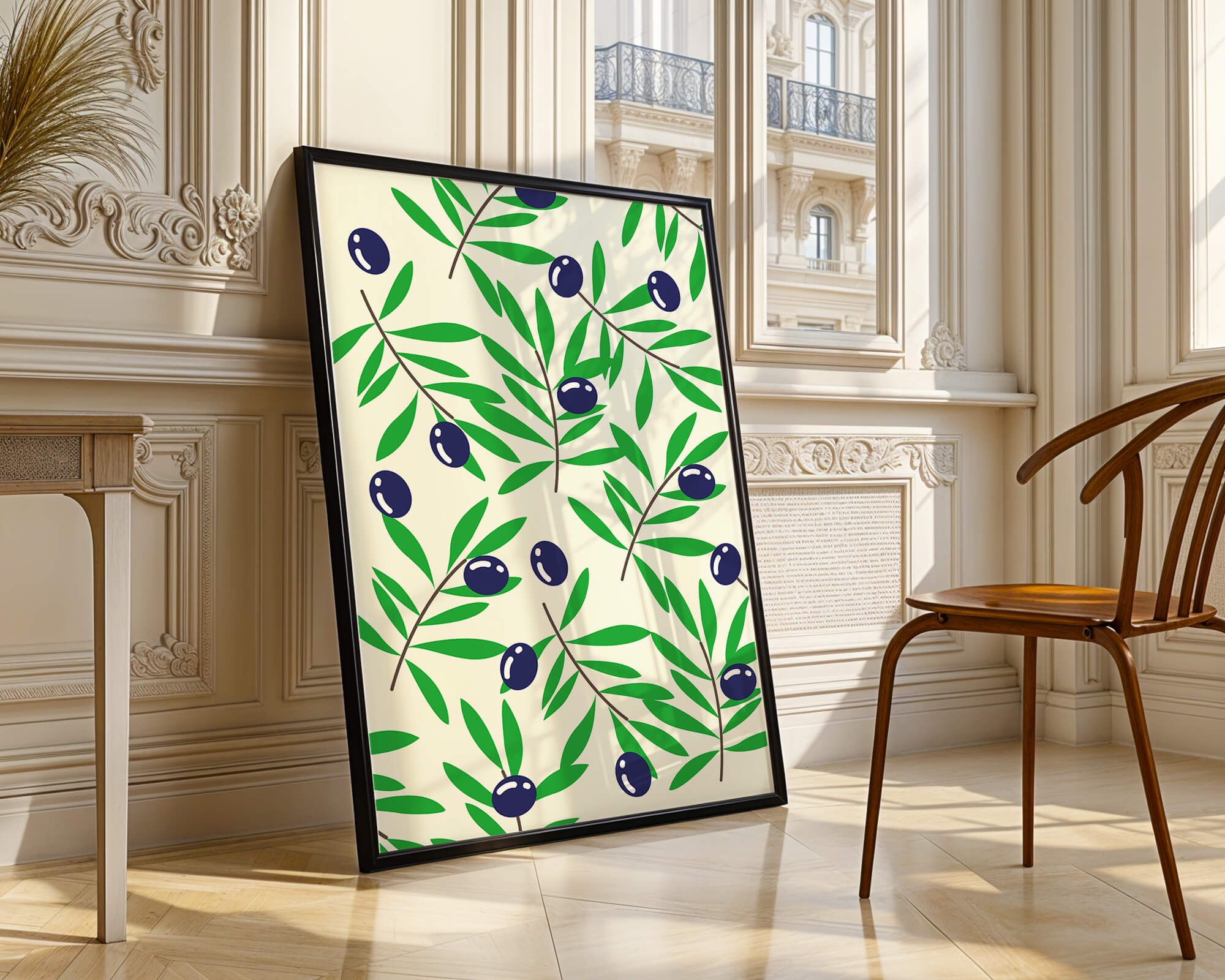 Olive branch pattern with green leaves and blue olives
