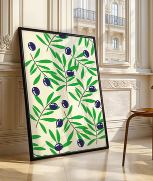 Olive branch pattern with green leaves and blue olives