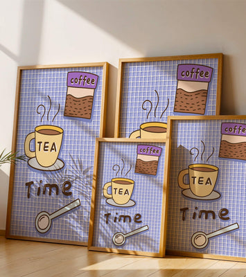 Cozy tea and coffee themed illustration with cup and spoon on plaid background