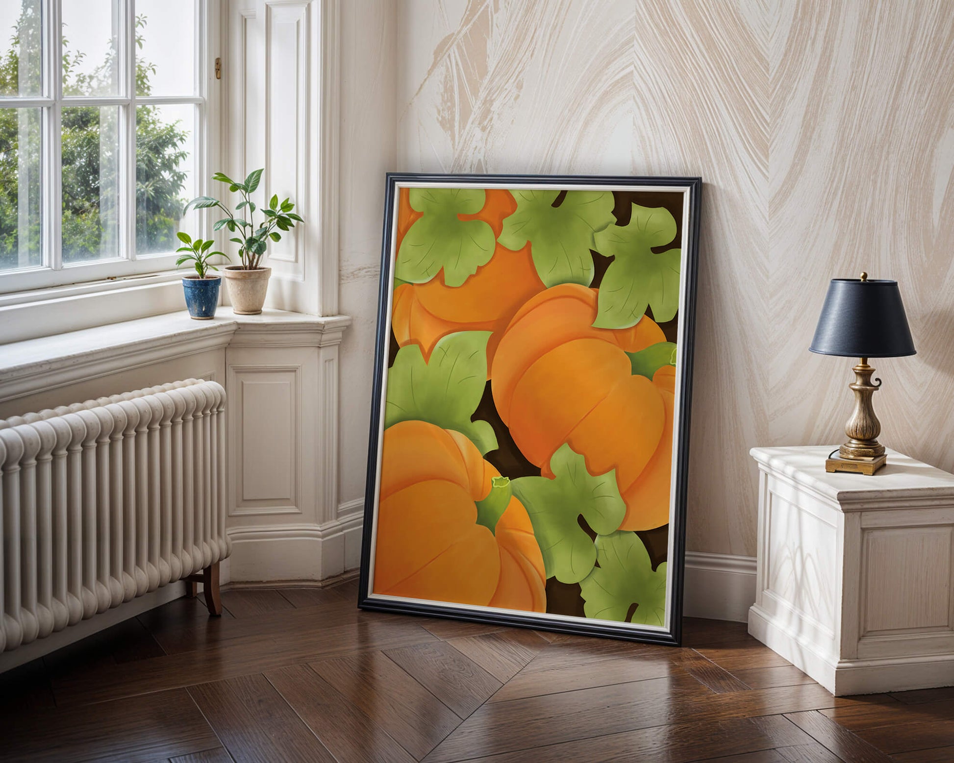 Colorful Pumpkin Pattern With Green Leaves