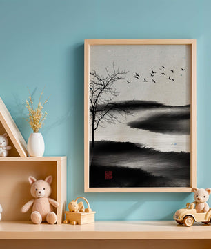 Minimalist Landscape with Silhouetted Tree and Birds