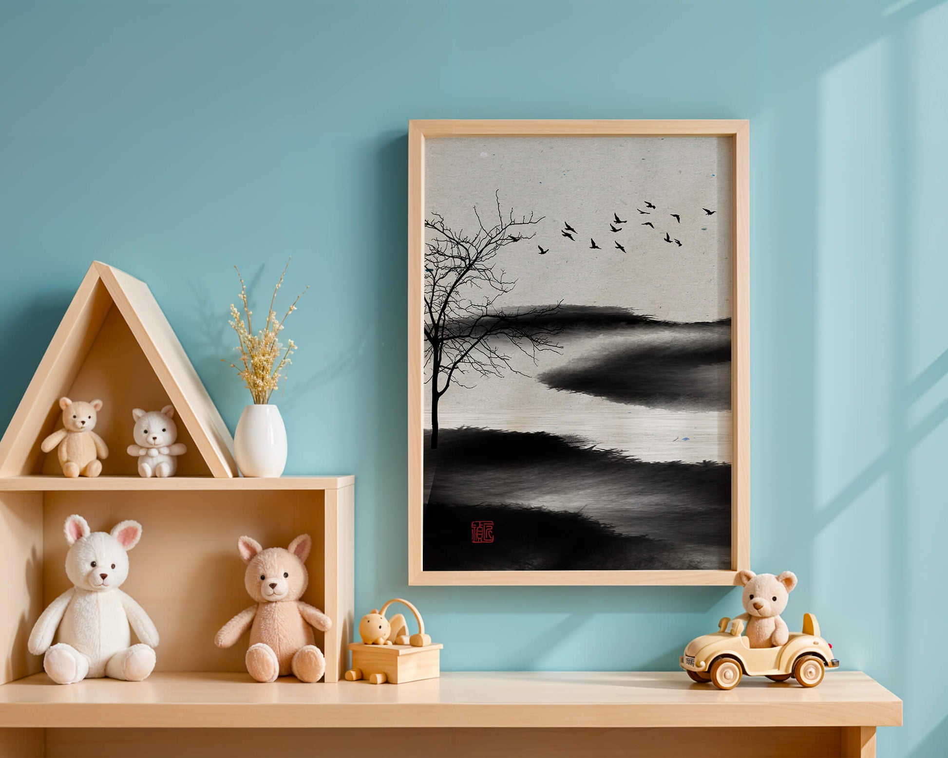 Paisaje minimalista con siluetas de árboles y pájaros