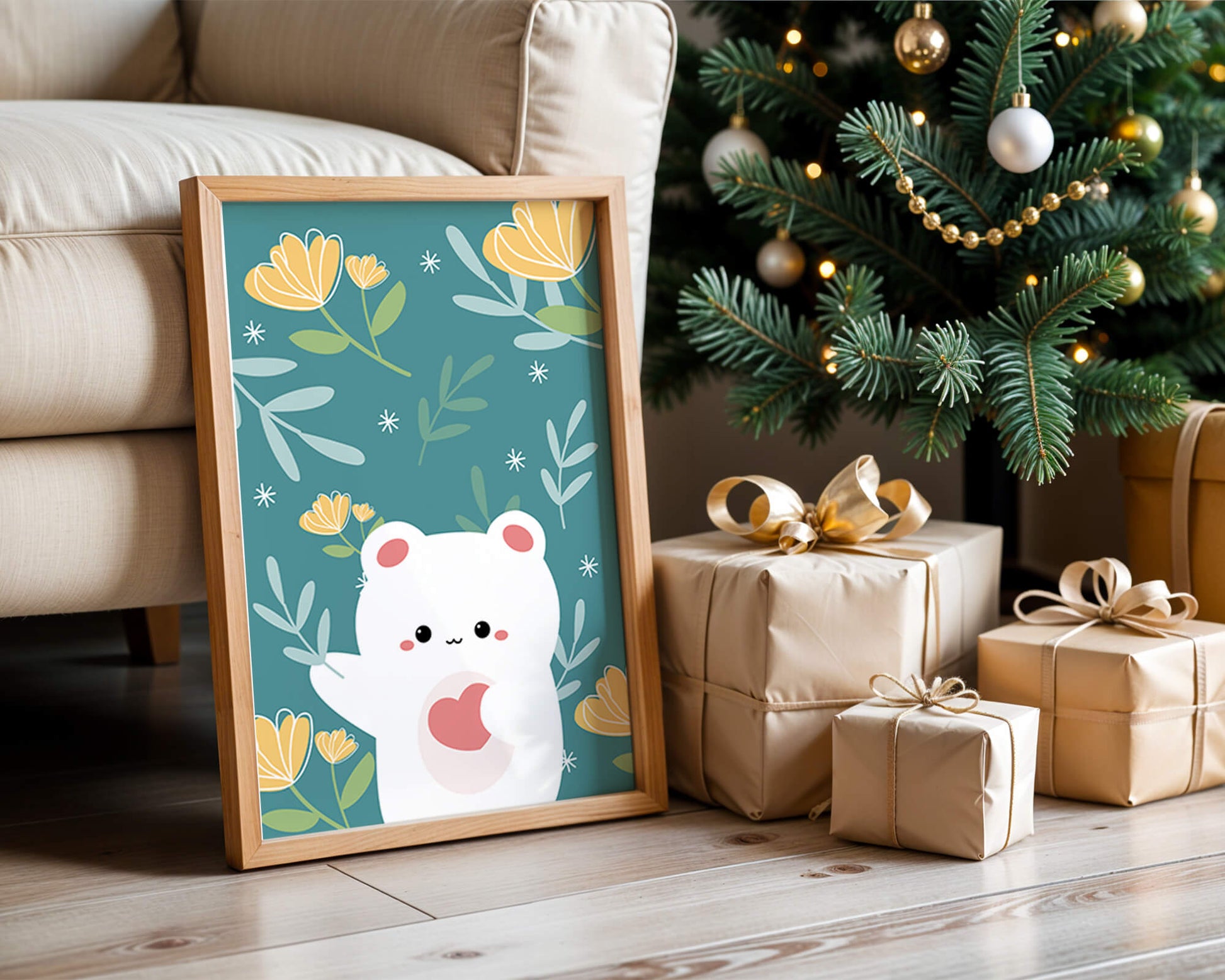 Adorable bear with heart surrounded by whimsical floral elements