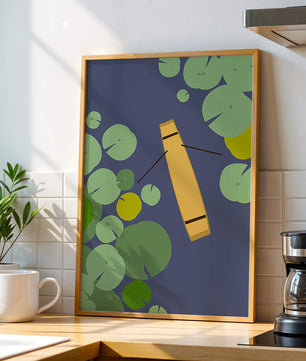 Top view of a yellow canoe among green lily pads on a calm lake