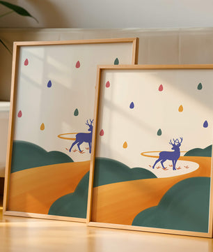 Colorful abstract deer illustration within a serene landscape