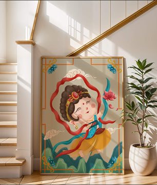 Whimsical illustration of a joyful child deity with lotus and clouds