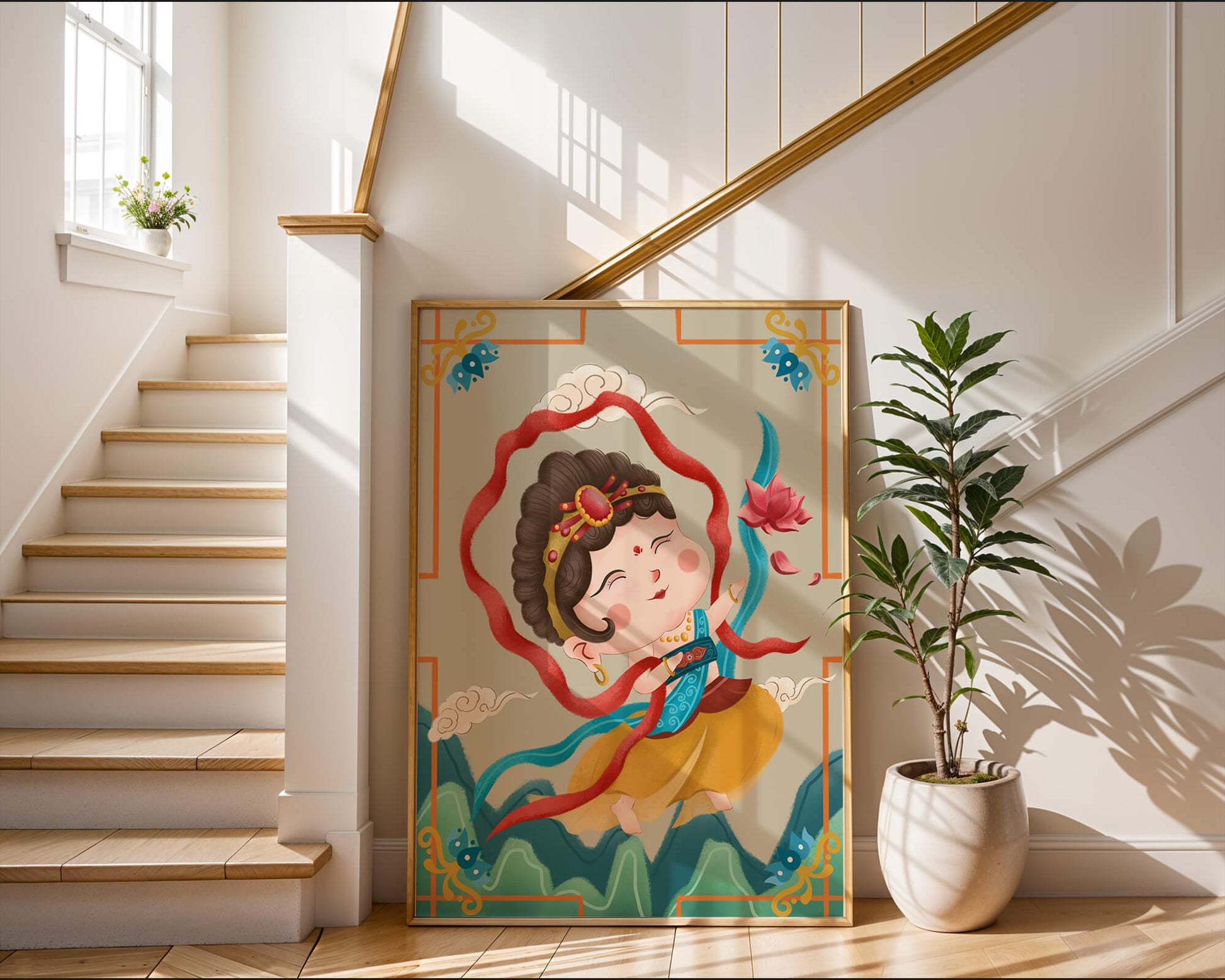 Whimsical illustration of a joyful child deity with lotus and clouds