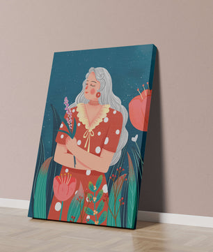 Serene illustration of a woman with flowers under a starry night sky