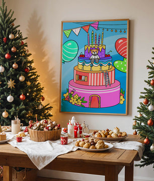 Colorful birthday cake with teddy bear and festive decorations