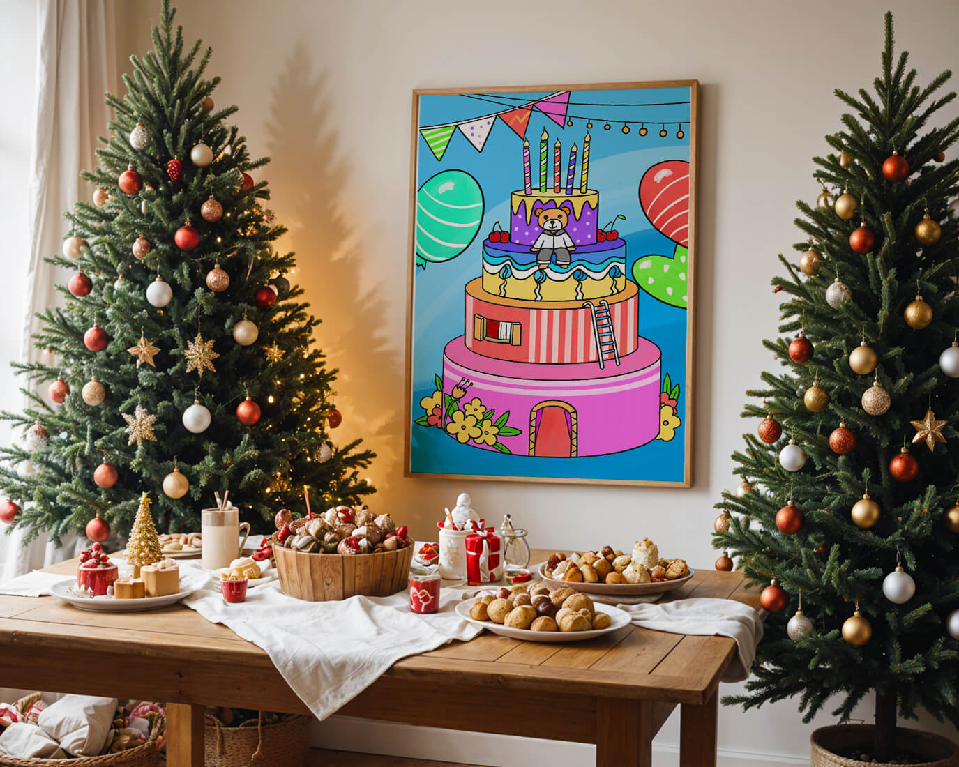 Colorful birthday cake with teddy bear and festive decorations